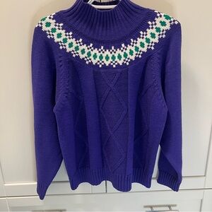 Vintage Purple Knit Turtleneck Grandma Sweater with green and white - Size Med